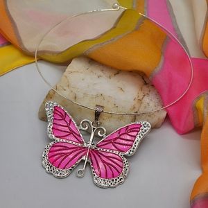 Designer Necklace Large Butterfly Pendant Silver Neon Pink  Boho Jewelry